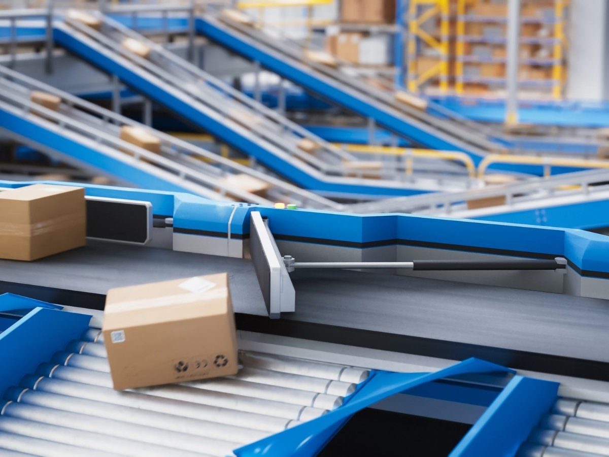 Parcels moving along a conveyor belt in a logistics sorting facility